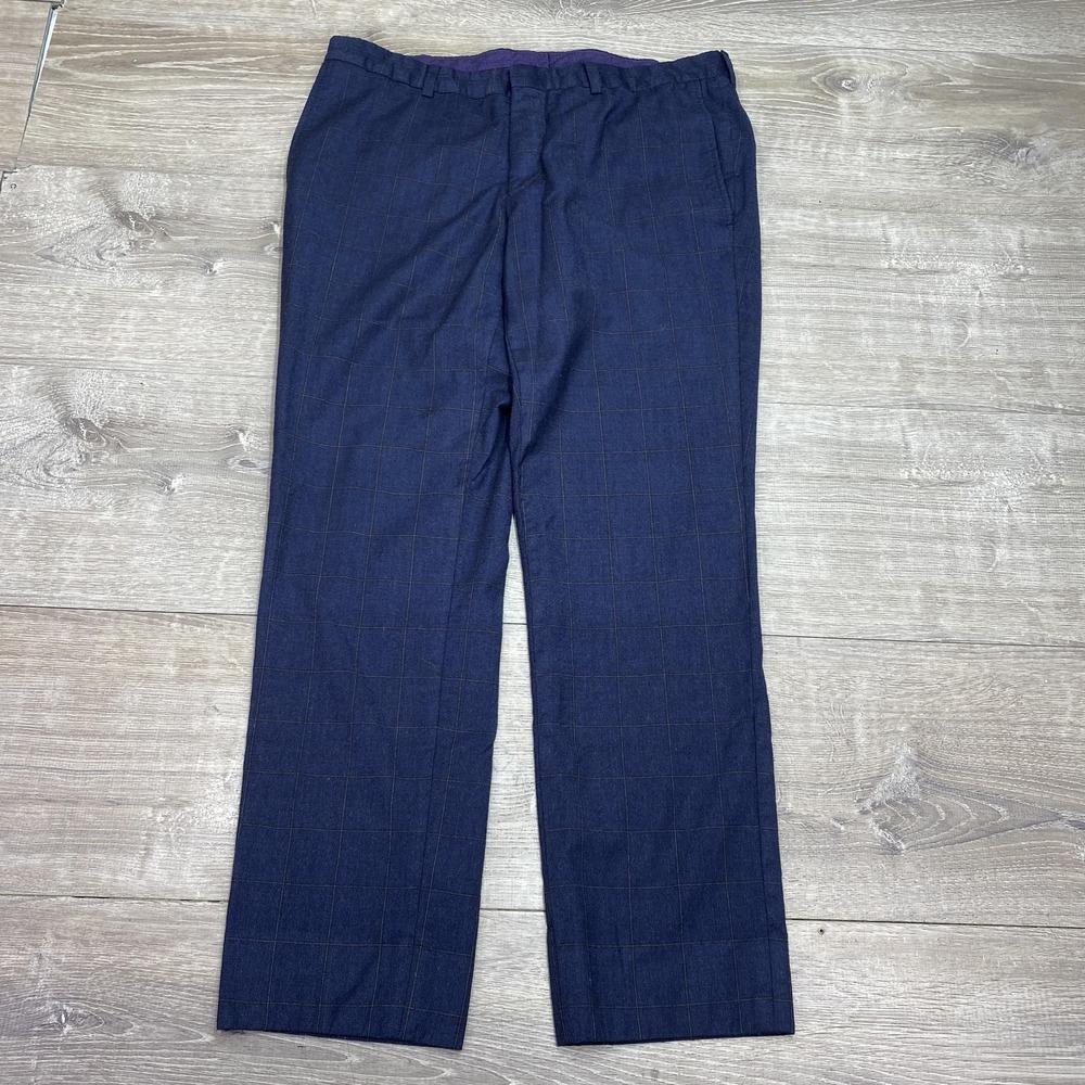 Ted Baker Dress Pants‎ Mens 33x30 Blue Wool Plaid Flat Front Business Trousers
